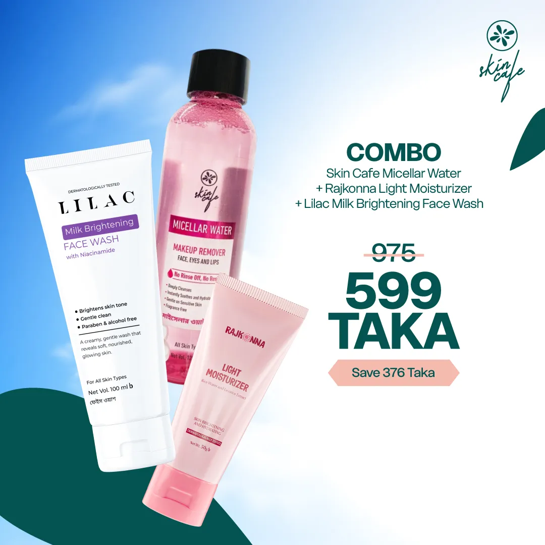 COMBO – Daily Glow Cleansing Set(Skin Cafe Micellar Water- 120ml+Rajkonna Light Moisturizer All Skin Types 50gm+Lilac Milk Brightening Face Wash 100ml)
