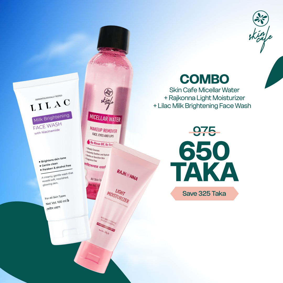 COMBO - Skin Cafe Micellar Water 120ml + Rajkonna Light Moisturizer All Skin Types 50gm + Lilac Milk Brightening Face Wash 100ml